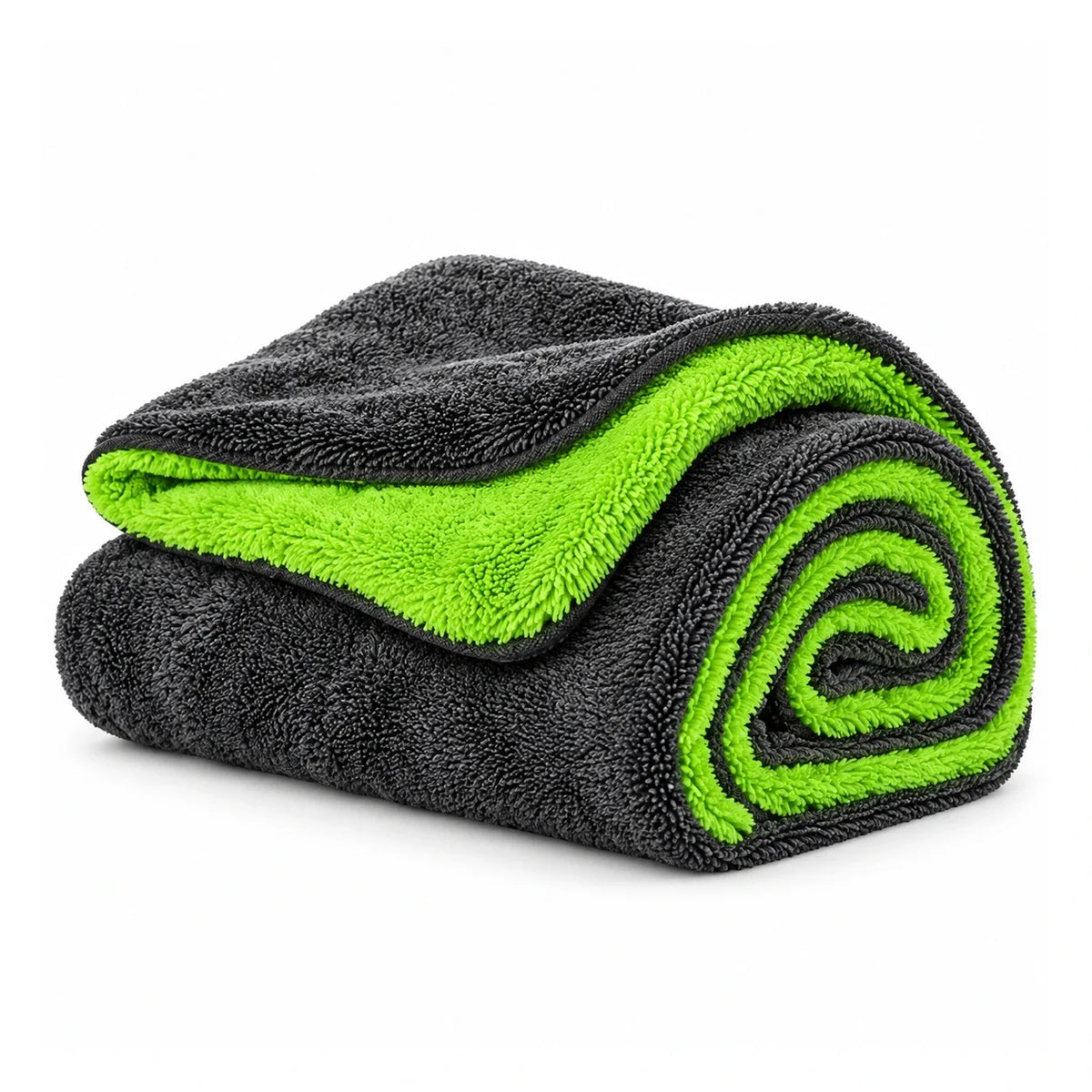 Charcoal-gray and lime-green microfiber drying towel illustrating the drying step in a Tesla PPF care guide.