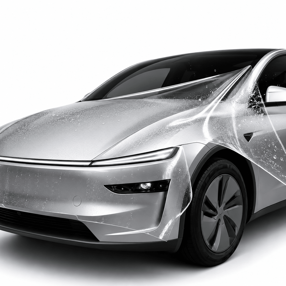 Product image of pre-cut full-car TPU PPF shapes for Tesla Model 3 and Model Y, used to illustrate vehicle-specific fitment.