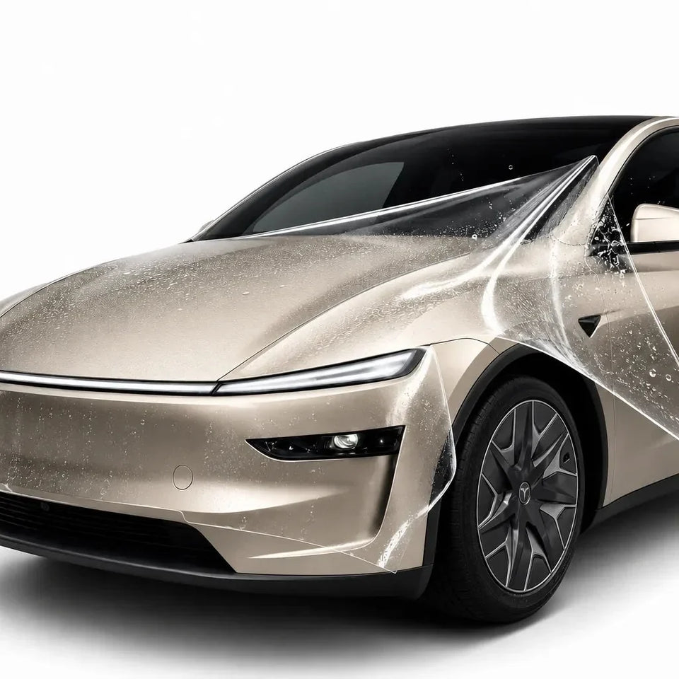 Product illustration of pre-cut TPU paint protection film shapes for Tesla Model YL 2026+, used as an editorial gloss-versus-matte illustration.