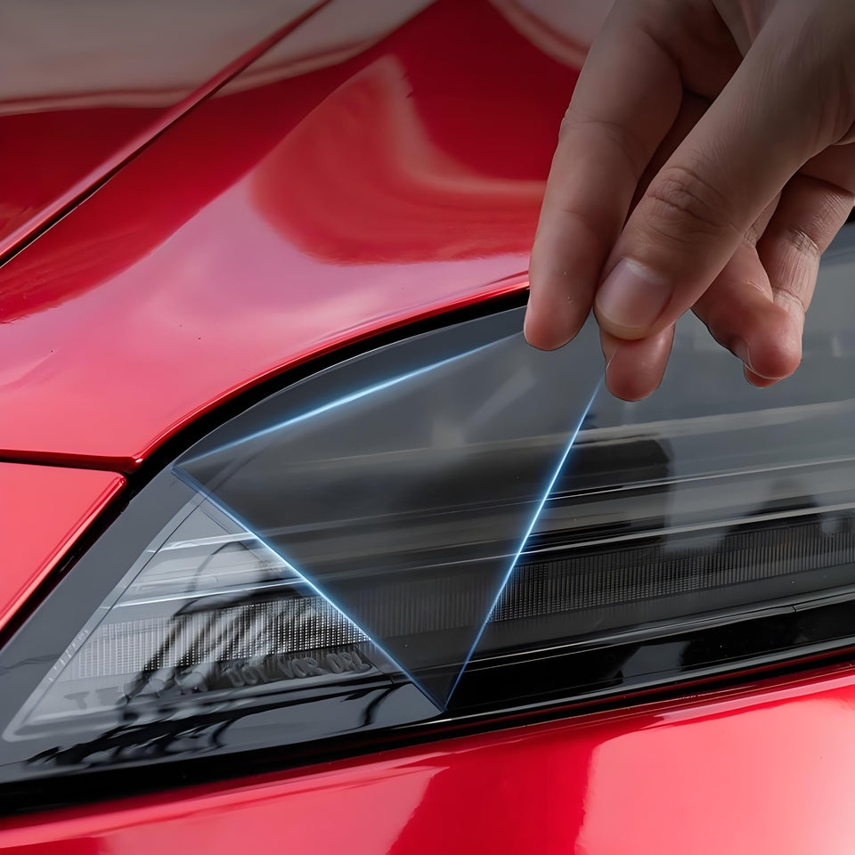 Reference photograph of TPU headlight protection film pieces for Tesla Model 3 Highland and Model Y Juniper, used as an editorial illustration of Highland-specific fitment.