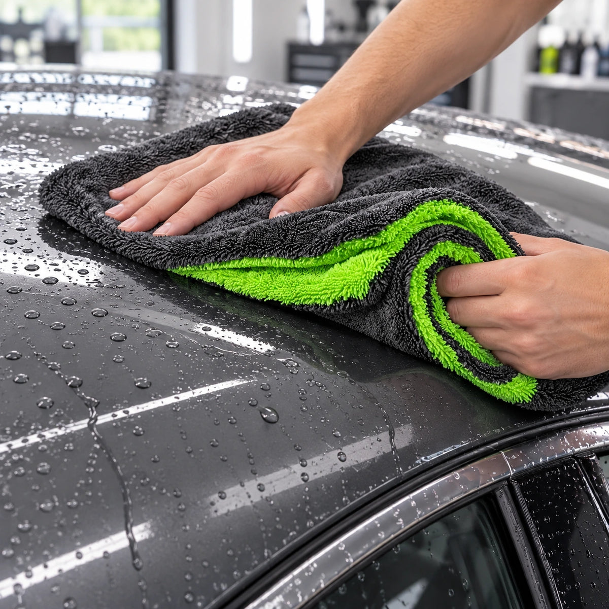 Charcoal-gray and lime-green microfiber towel used with clean hands on a wet unbranded dark-gray car roof after washing.