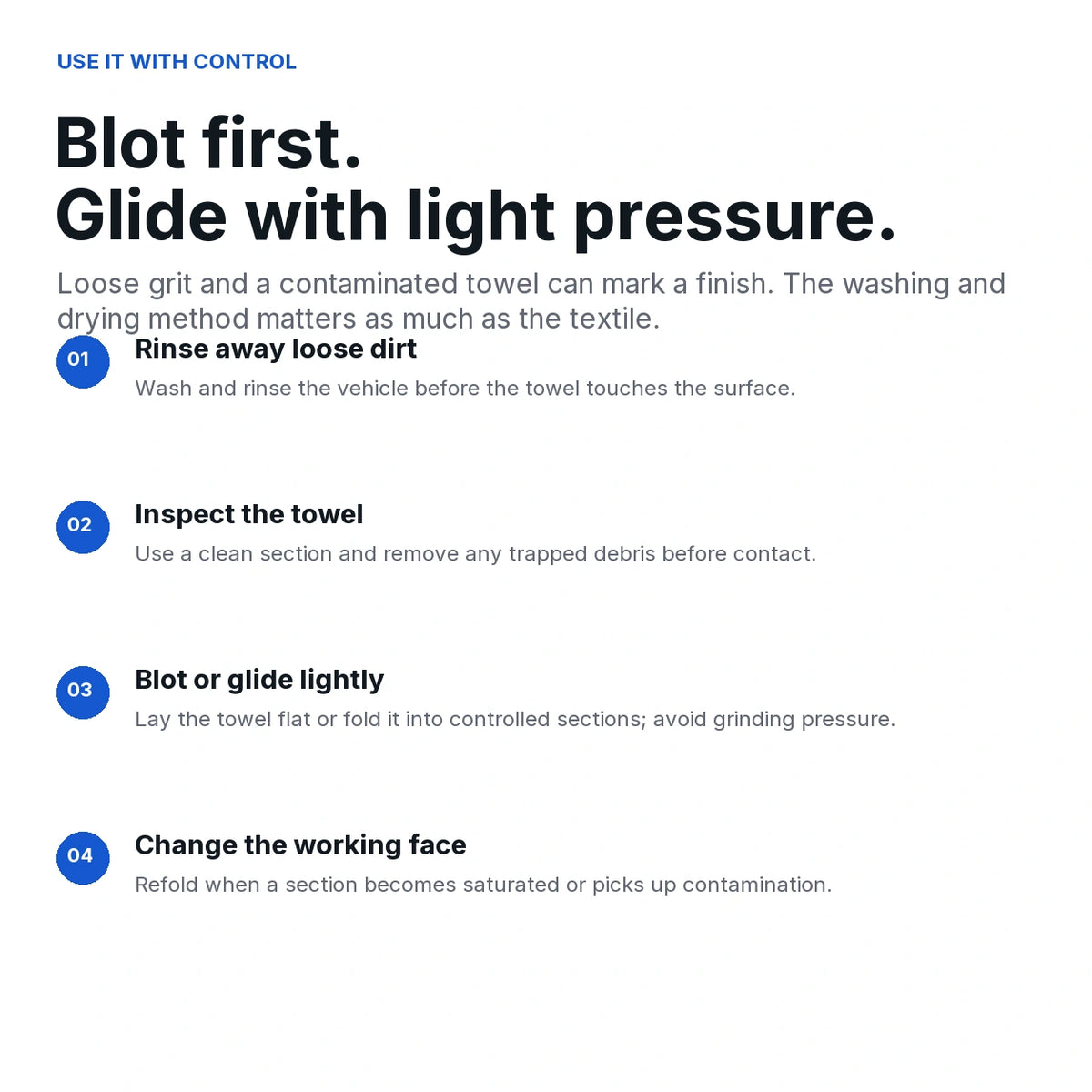 Four-step drying towel use guide: rinse loose dirt, inspect the towel, use light pressure and refold to a clean working section.