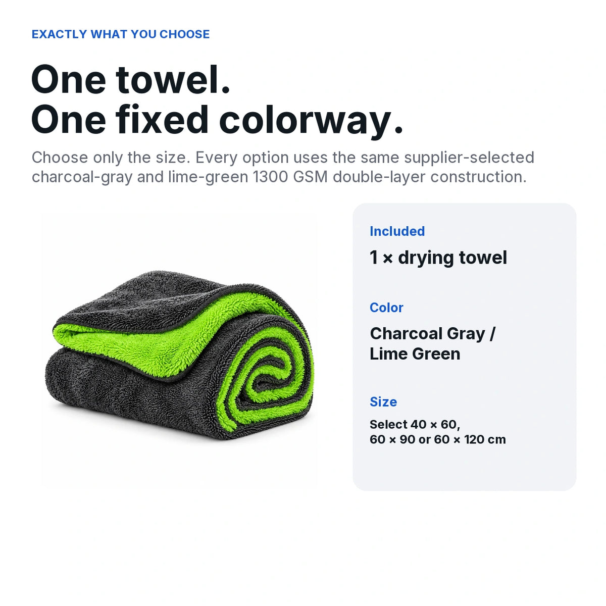 Package and color confirmation: one charcoal-gray and lime-green 1300 GSM drying towel in the selected size.