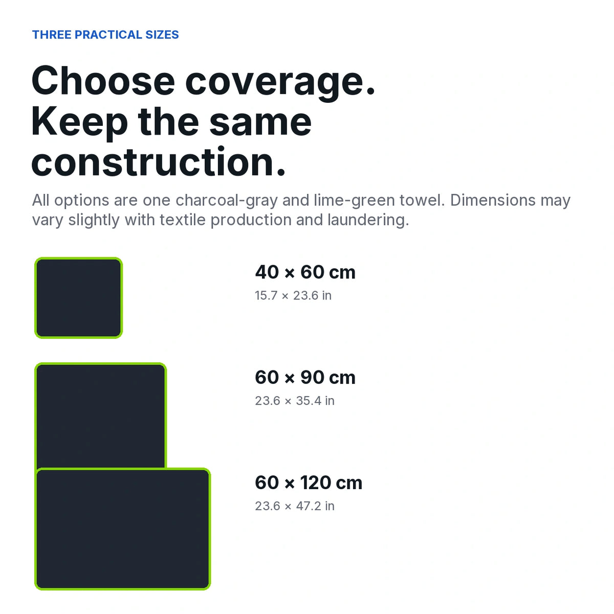 Size comparison for the 1300 GSM drying towel: 40 by 60, 60 by 90 and 60 by 120 centimeters with inch conversions.