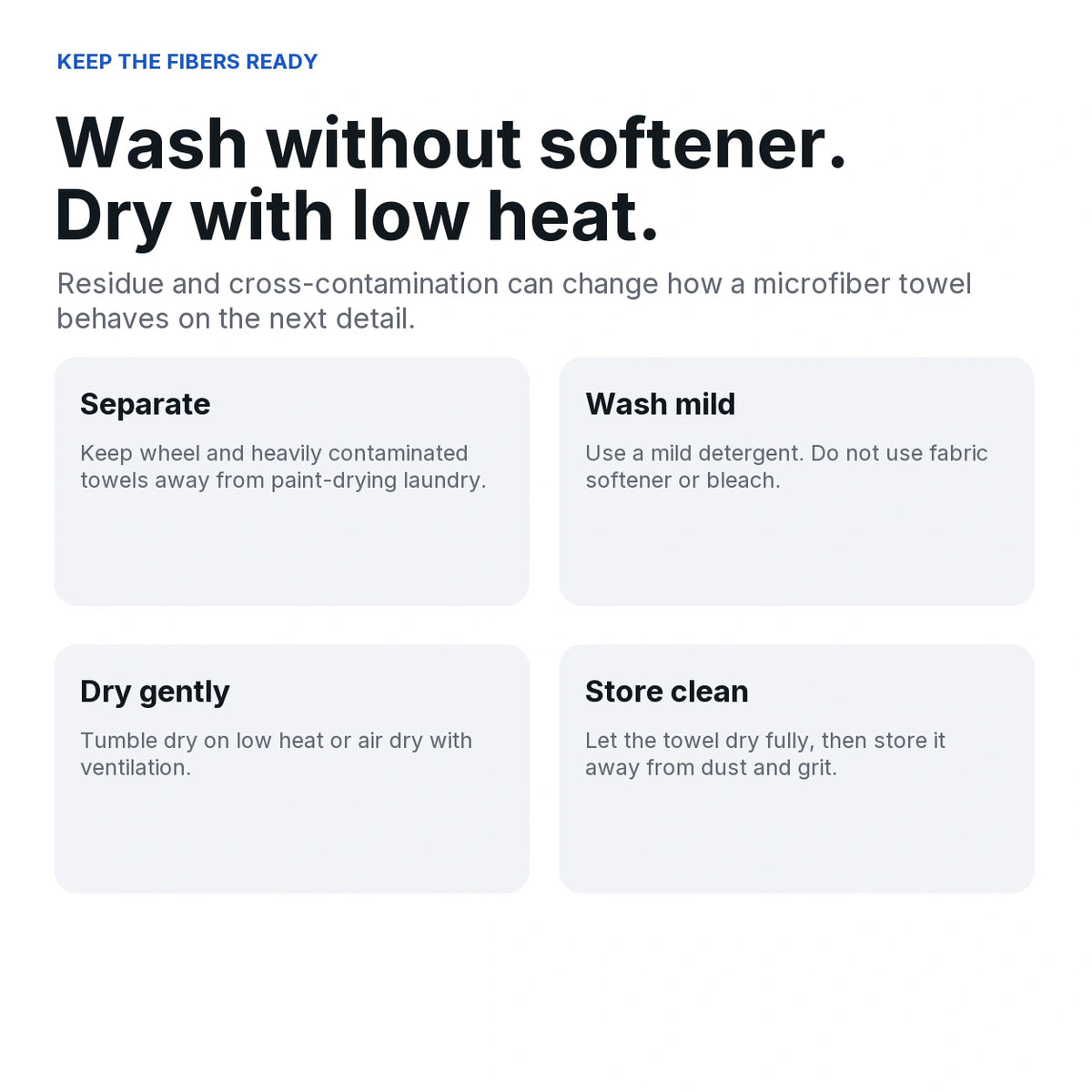 Microfiber drying towel care guide: separate contaminated towels, use mild detergent without softener or bleach, dry gently and store clean.