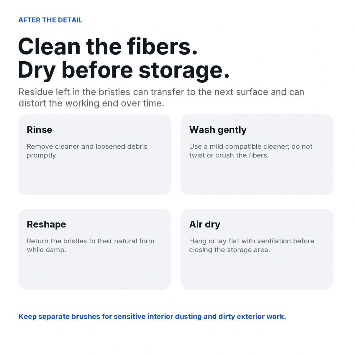 Detailing brush care guide: rinse, wash gently, reshape and air dry; separate interior and exterior use when practical.