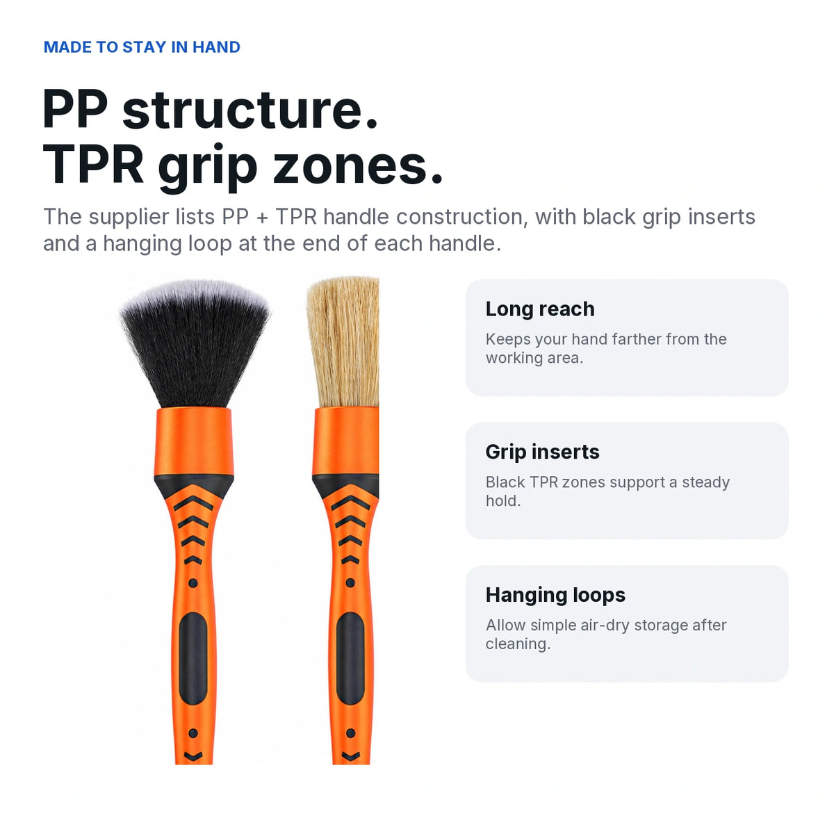 Orange and black PP plus TPR detailing brush handles with grip inserts and hanging loops.
