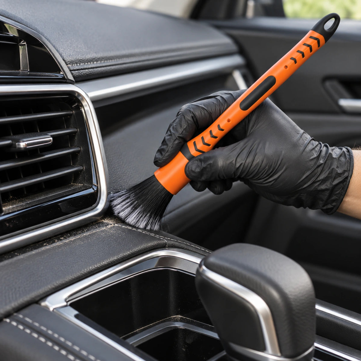 Orange and black detailing brush loosening light dry dust around an unbranded car center-console seam near an air vent.