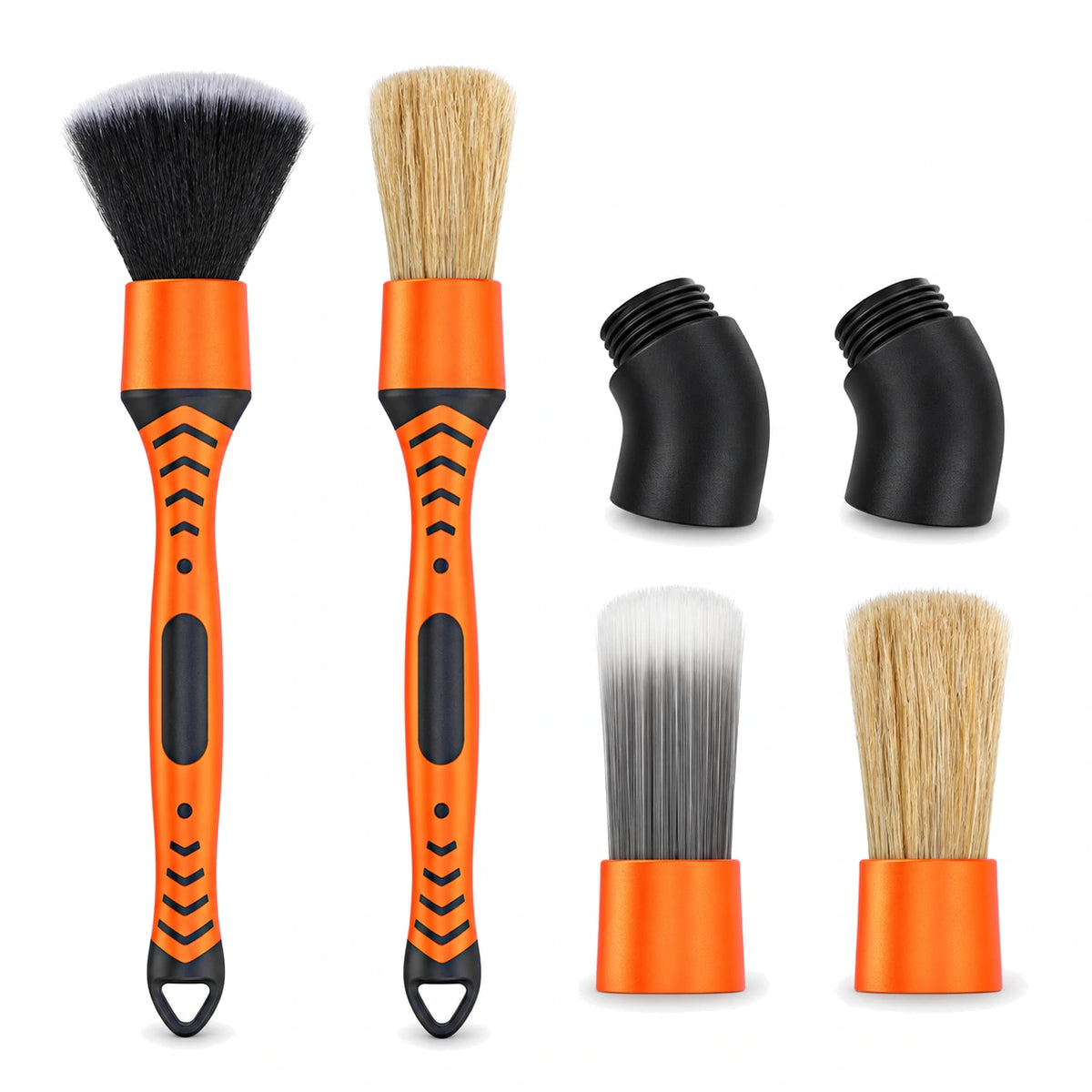 Complete orange and black six-piece car detailing brush kit on white: two handled brushes, two replacement heads and two curved adapters.