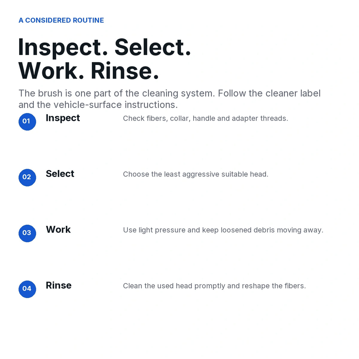 Four-step detailing brush workflow: inspect the tool, select the head, work with light pressure, then rinse the used head.