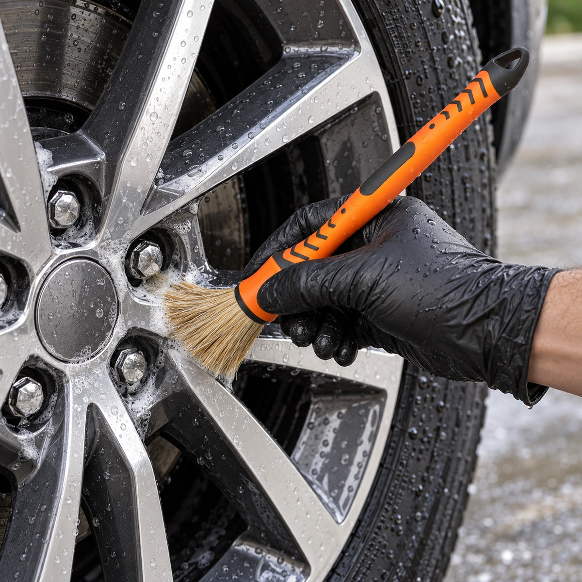 Orange and black boar-bristle detailing brush working around the lug recesses of a wet unbranded alloy wheel.