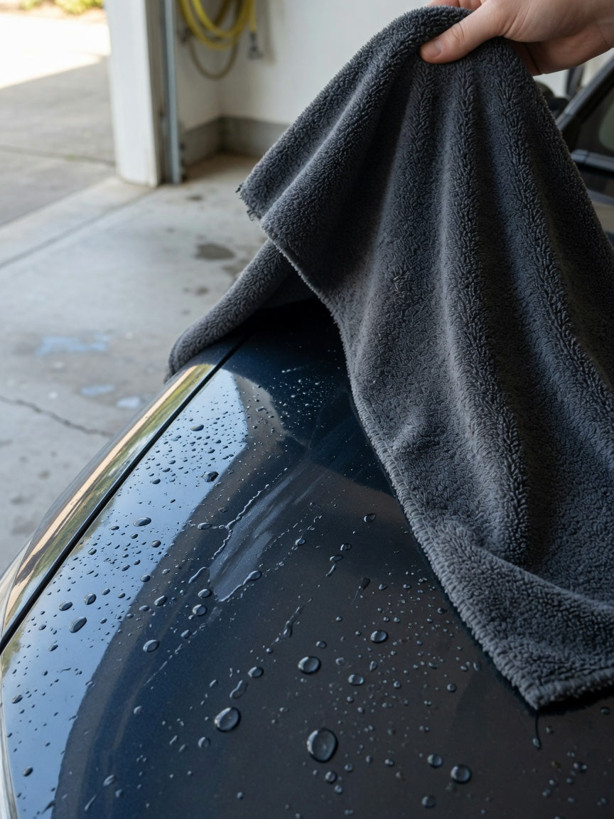 A microfiber towel drying a wet fender