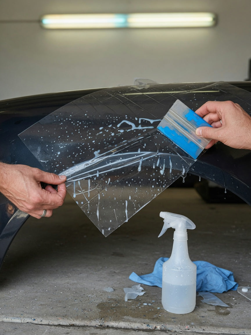 Hands applying paint protection film in a home garage
