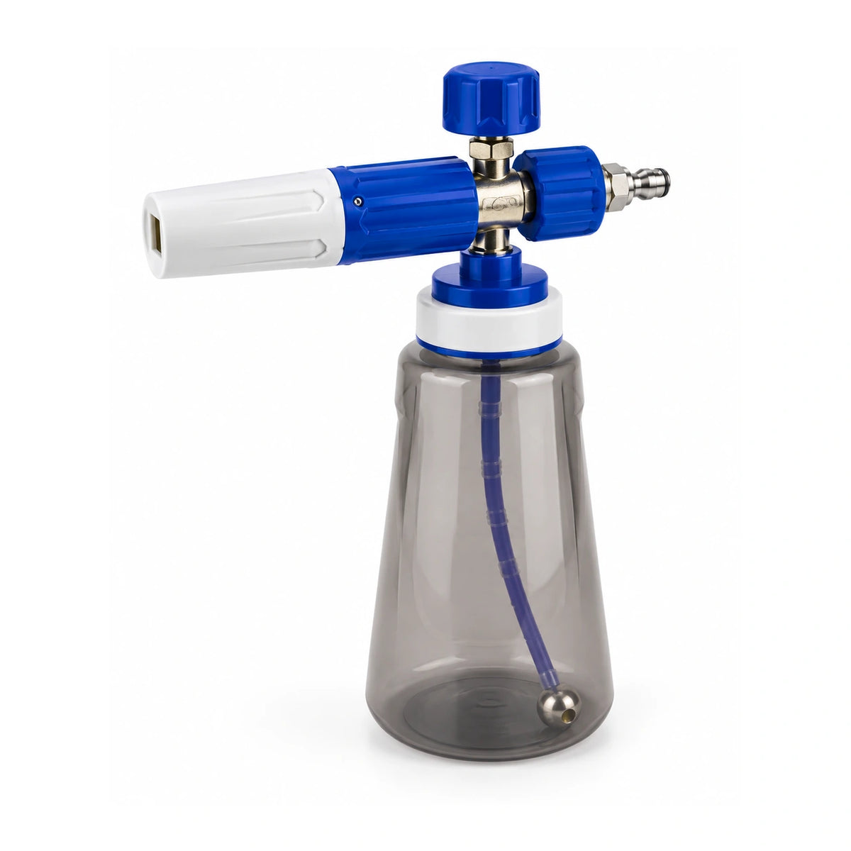 Angled white-background view of the Alpha 4.0 foam cannon, showing its adjustable head, quick connector, pickup tube and weighted ball.