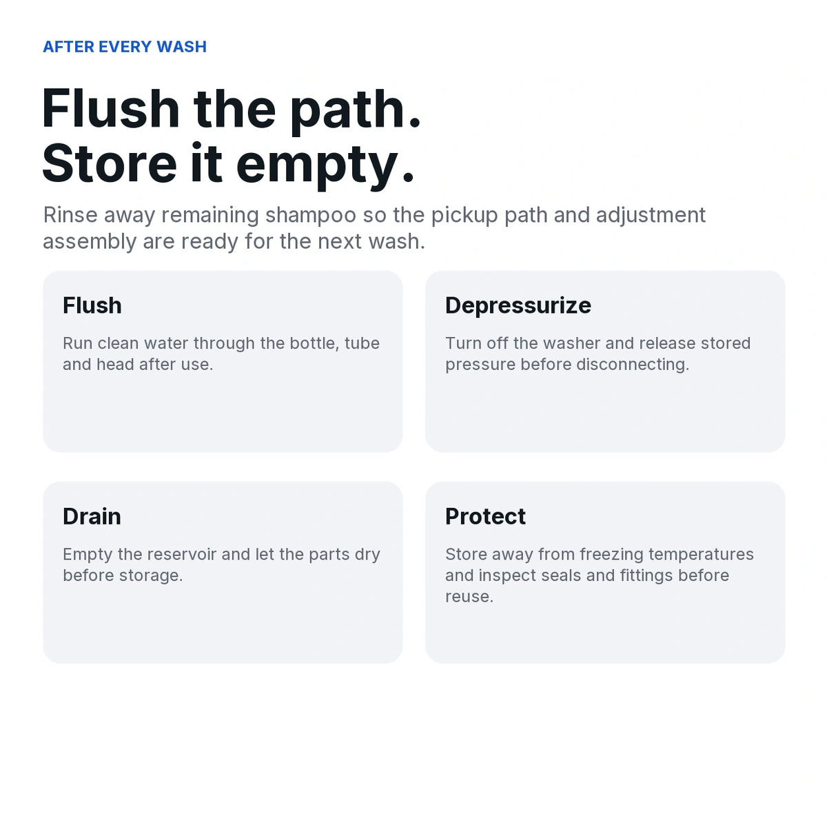 Foam cannon care guide: flush with clean water, depressurize before disconnecting, drain completely and protect from freezing.