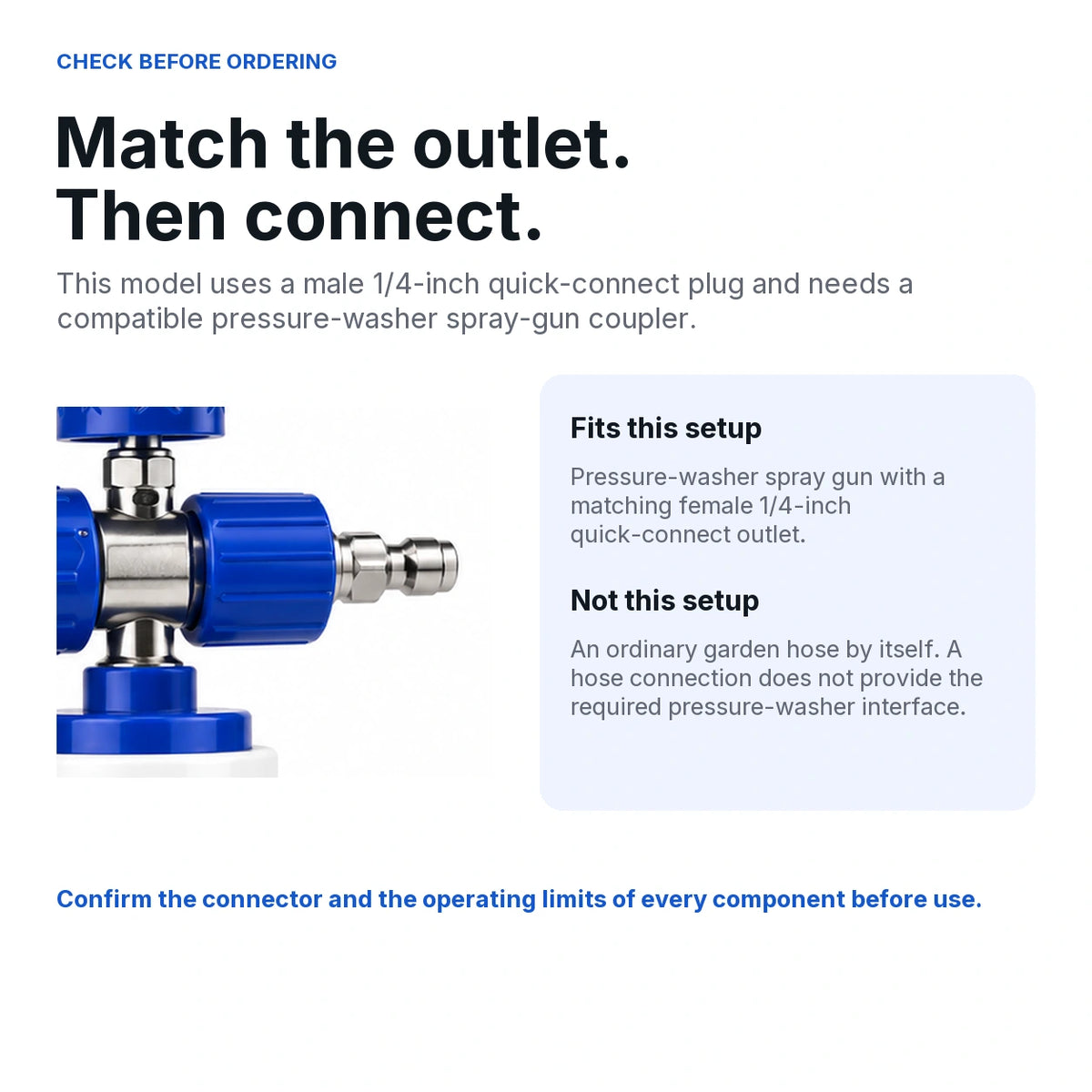 Compatibility guide for the male 1/4-inch quick-connect foam cannon: match a pressure-washer spray gun coupler; not a direct garden-hose foam gun.