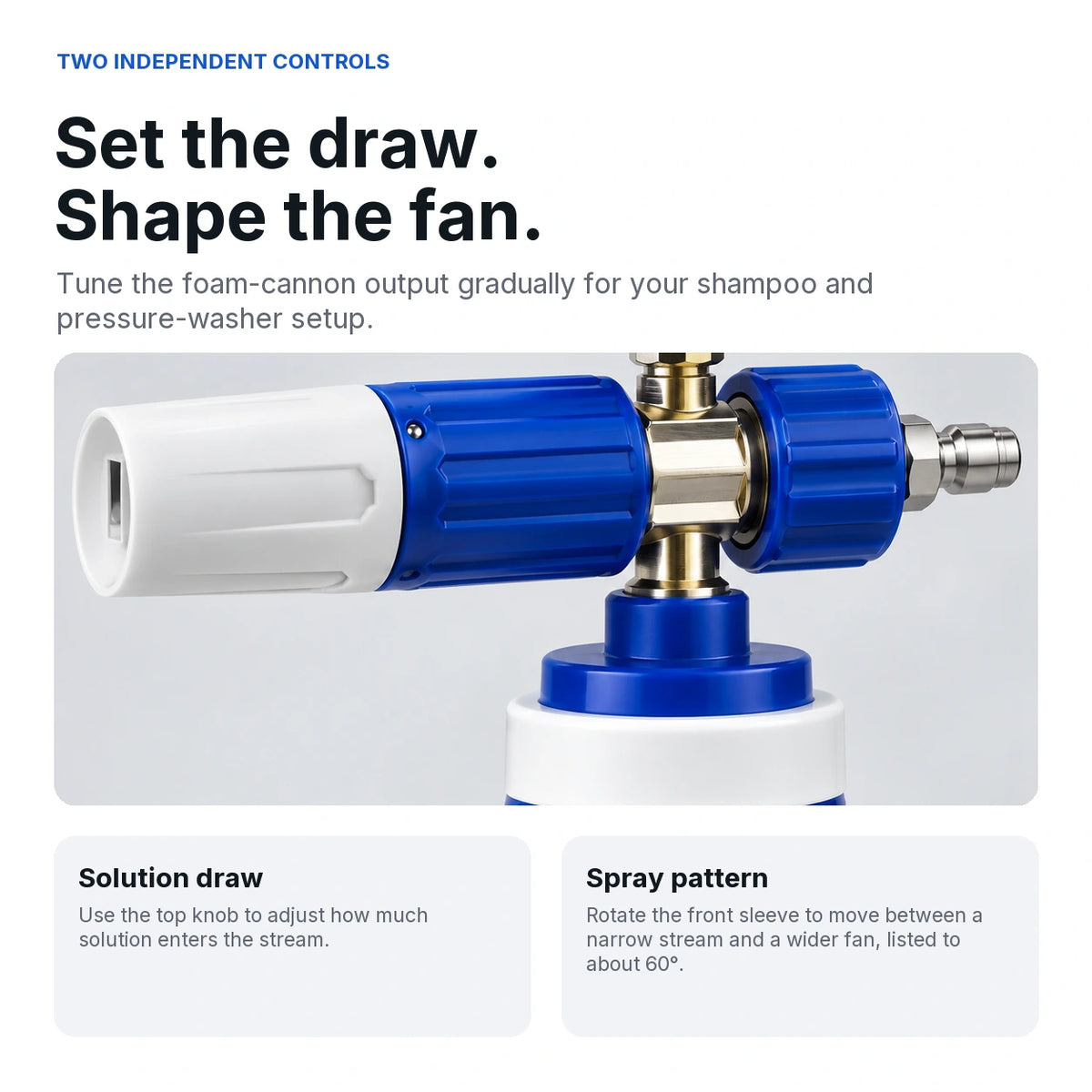 Foam cannon adjustment guide: top solution-draw control and front spray-pattern sleeve from narrow stream to approximately 60-degree fan.