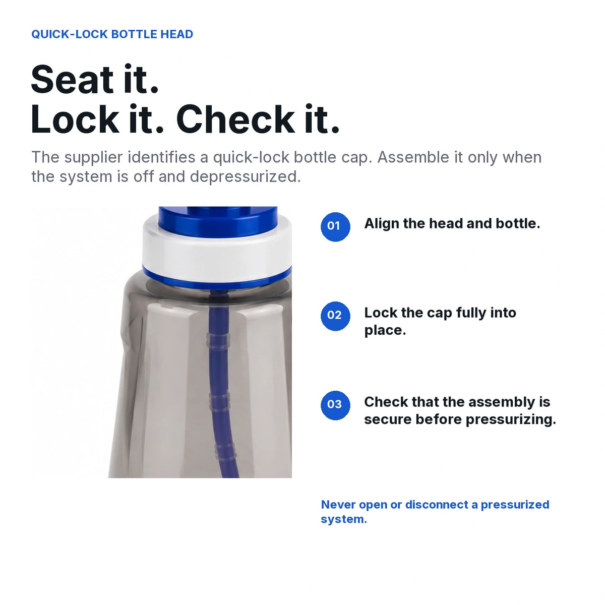 Three-step quick-lock foam-cannon bottle guide: align, lock fully and verify secure before pressurizing.