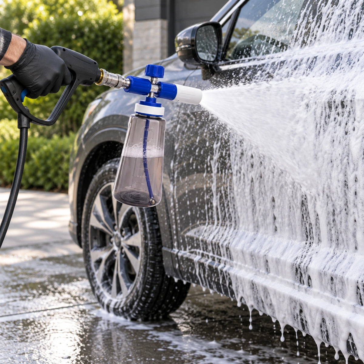 Alpha 4.0 foam cannon connected to a pressure-washer spray gun while applying a wide fan of foam to a dark gray vehicle.