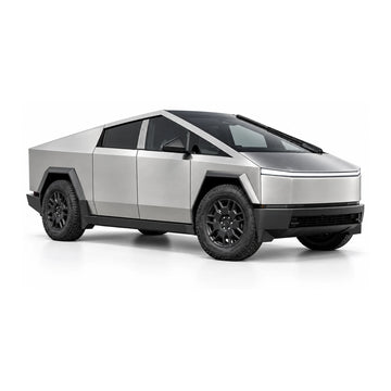 Silver Cybertruck front three-quarter view presenting NUVEREN clear TPU PPF on a white background; product visualization.