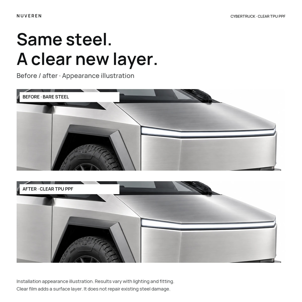 Illustrated Cybertruck before and after clear TPU film installation, retaining the silver steel appearance; not a damage-repair demonstration.