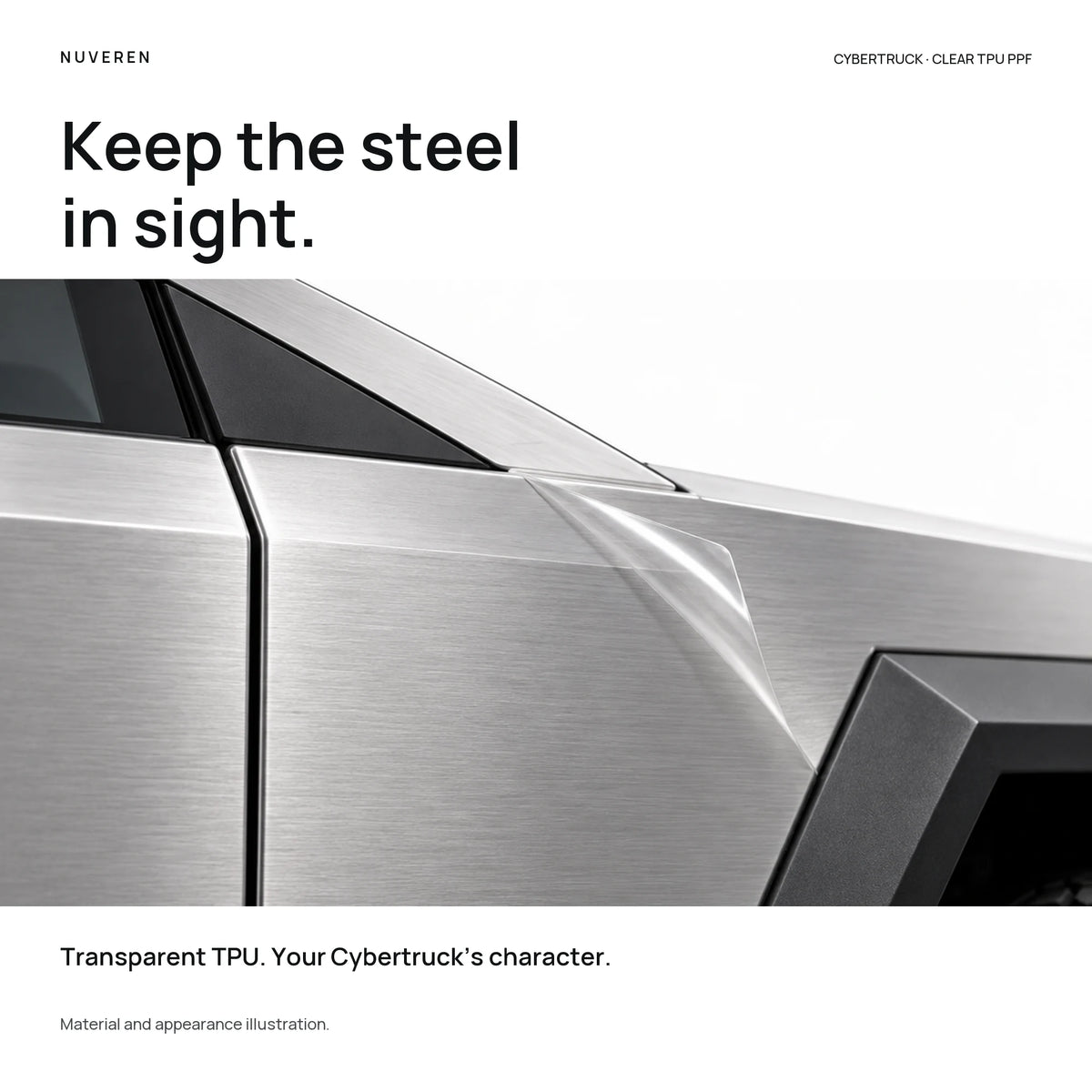 Clear TPU film edge illustrated over the Cybertruck stainless-steel surface, with the metal grain visible through the film.