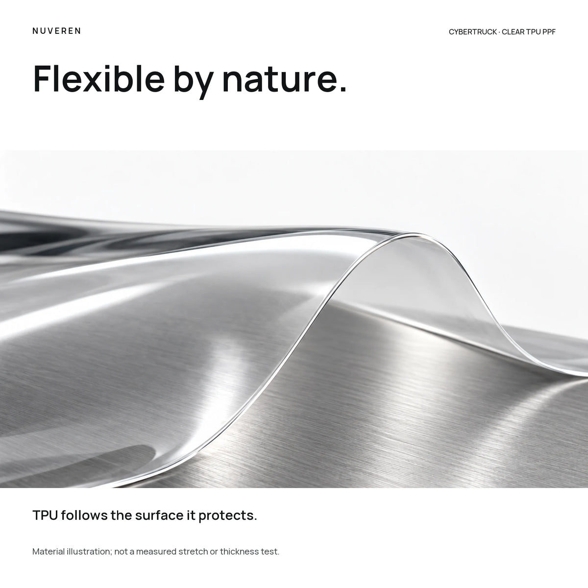 A transparent flexible TPU film sheet curving over brushed steel, illustrating the material used for NUVEREN Cybertruck PPF.