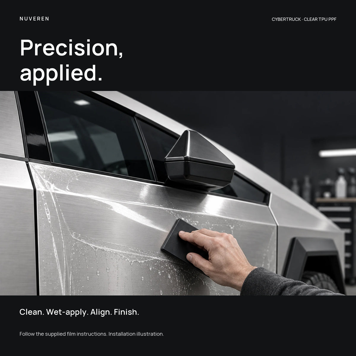 Illustration of a hand using a squeegee during wet installation of clear TPU PPF on a Cybertruck door.