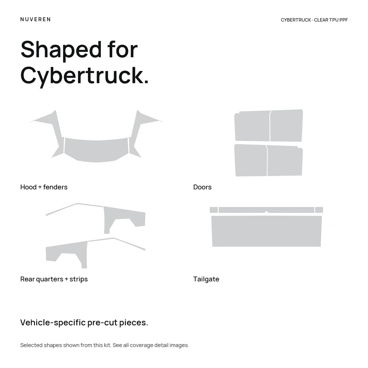 A selection of original NUVEREN pre-cut PPF shapes for the Cybertruck hood, fenders, doors, rear quarters and tailgate.