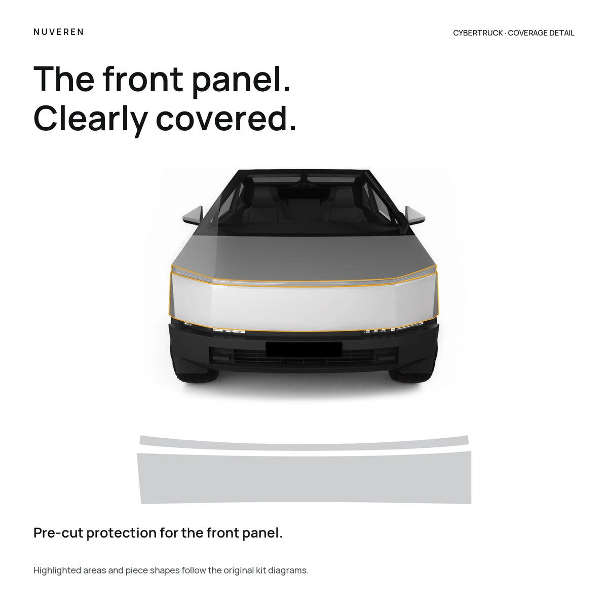 Cybertruck front stainless panel highlighted with matching NUVEREN clear PPF pre-cut shapes.