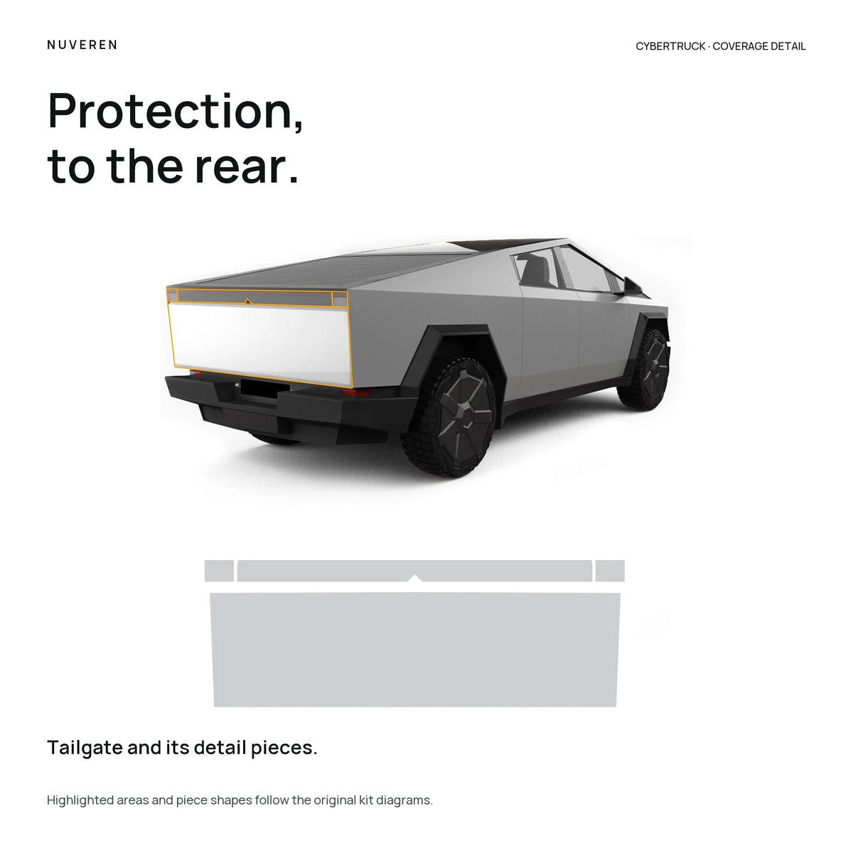 Cybertruck tailgate PPF coverage and separate upper detail pieces, based on the NUVEREN kit diagram.