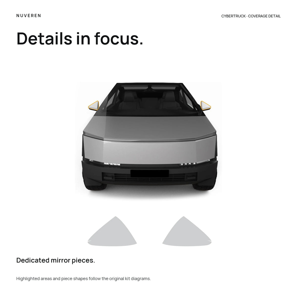 Cybertruck side-mirror exterior coverage highlighted with two corresponding PPF shapes.