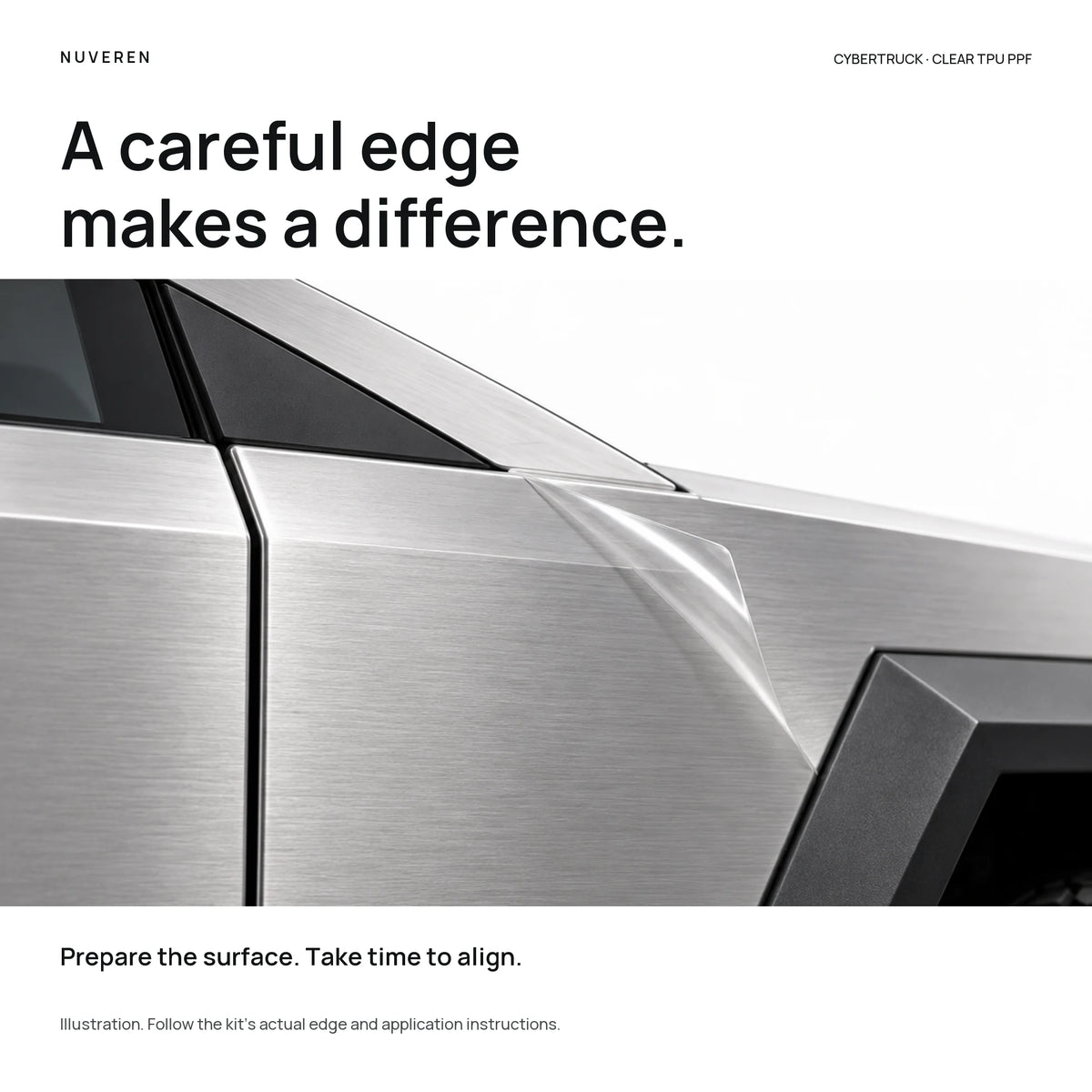 Close-up clear-film edge on a Cybertruck panel, illustrating why surface preparation and alignment matter.