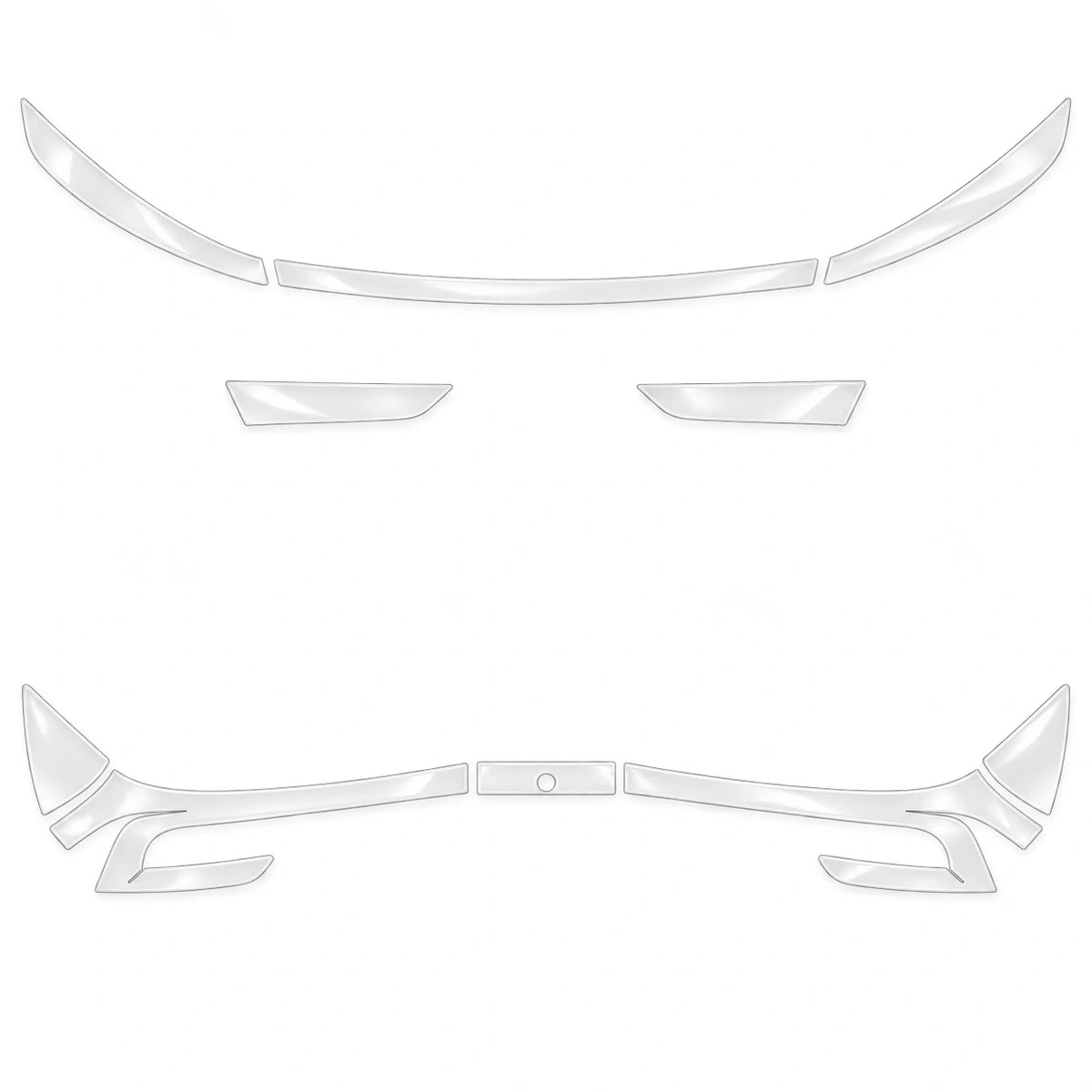 Clear TPU front and rear light film set for 2026 Tesla Model Y Juniper, laid out on white; rear trim panel sold separately.