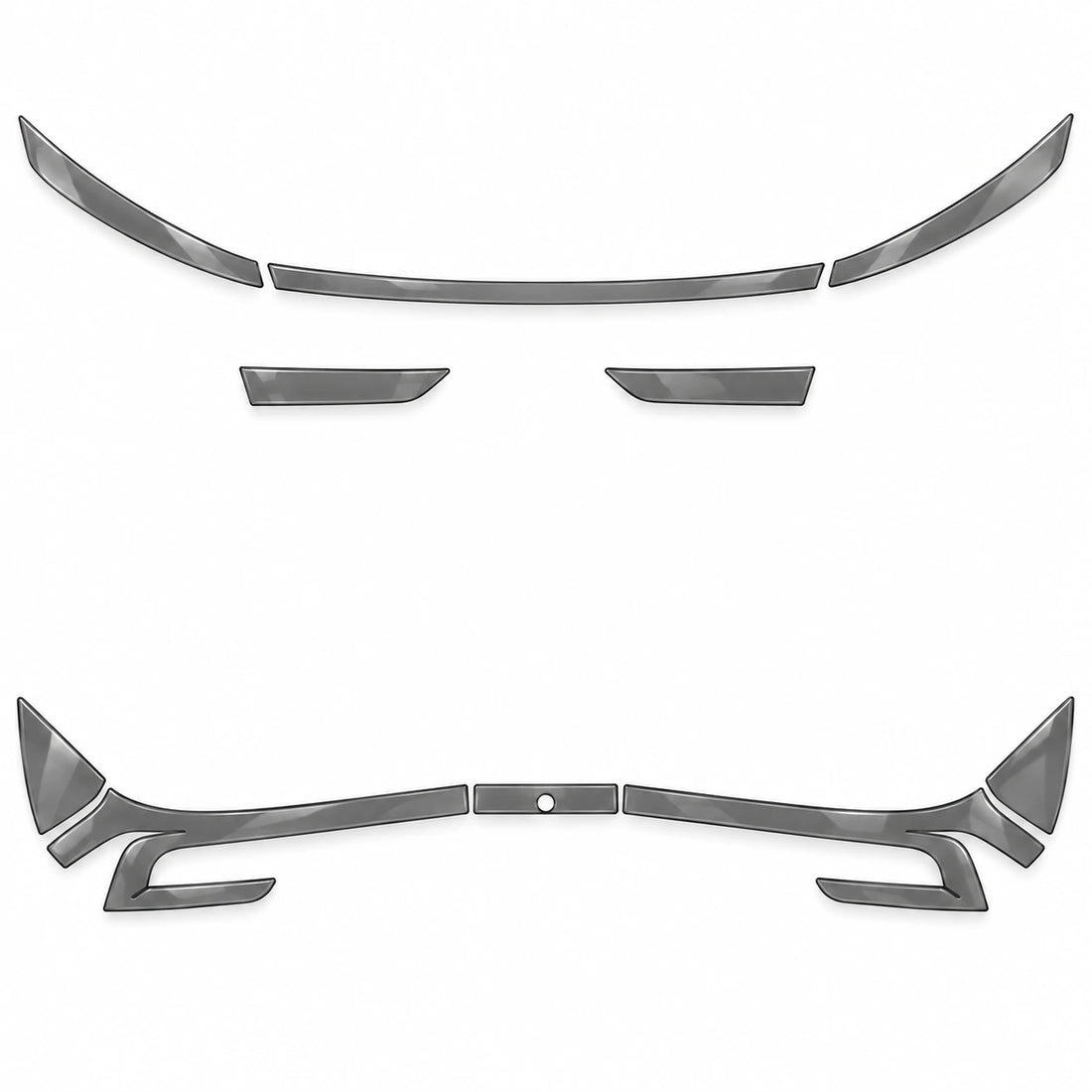 Smoked TPU front and rear light film set for 2026 Tesla Model Y Juniper, laid out on white; rear trim panel sold separately.