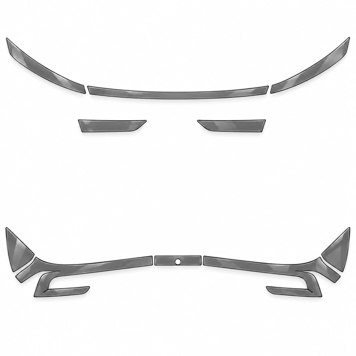 Smoked TPU front and rear light film set for 2026 Tesla Model Y Juniper, laid out on white; rear trim panel sold separately.
