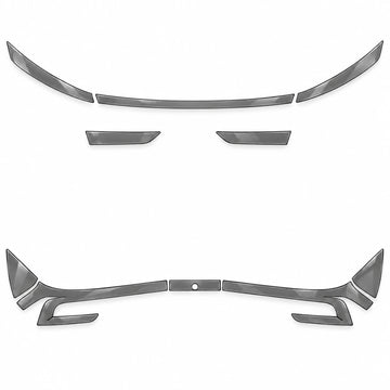Smoked TPU front and rear light film set for 2026 Tesla Model Y Juniper, laid out on white; rear trim panel sold separately.