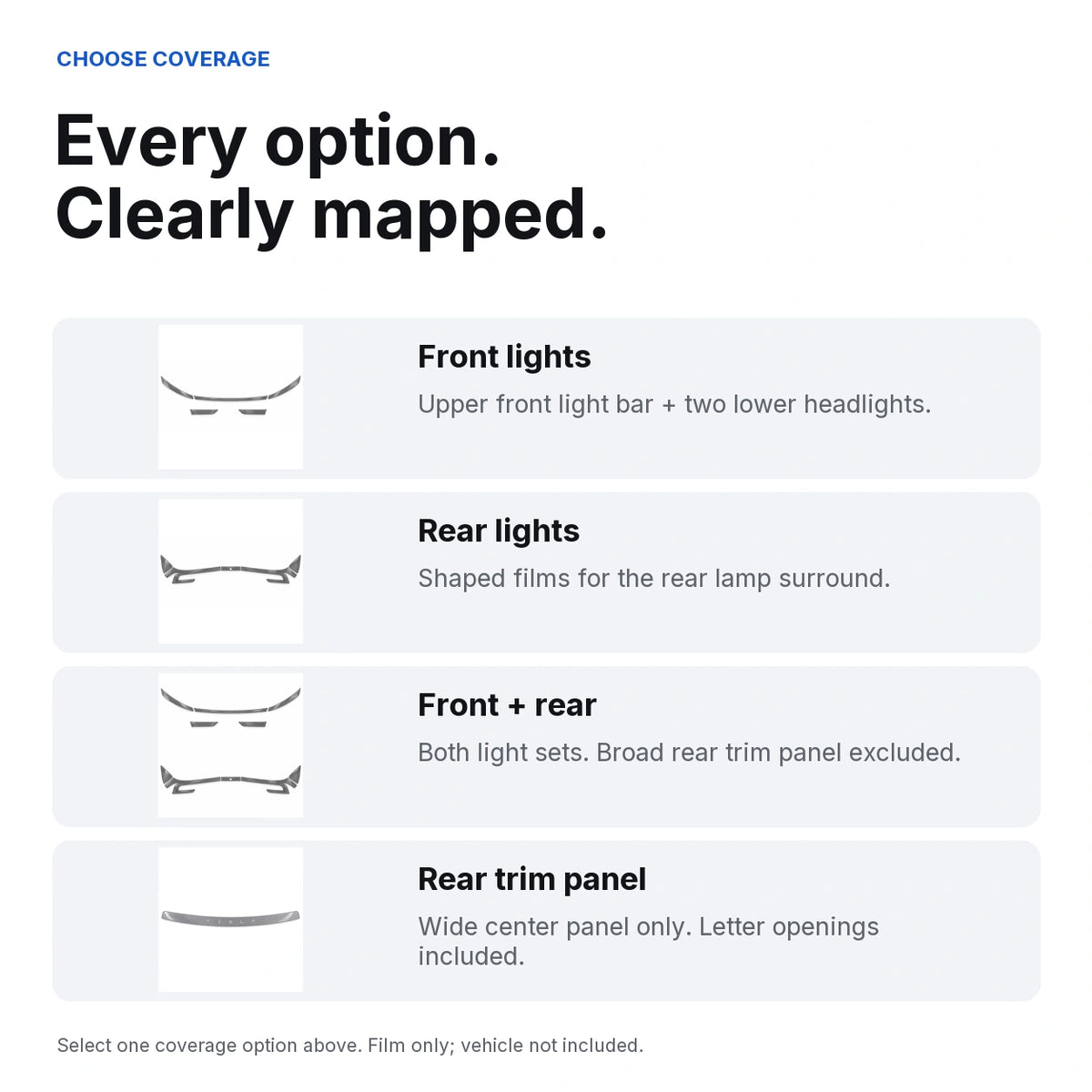 Four film coverage options: front lights, rear lights, front plus rear lights, or the separate rear trim panel.