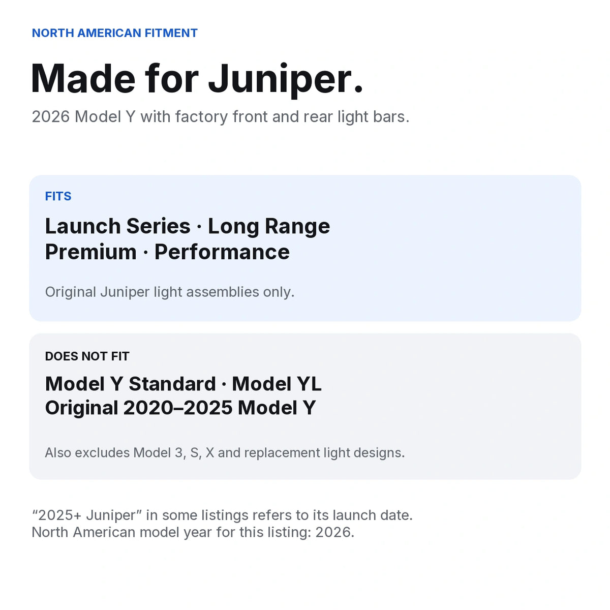 Fitment guide for 2026 North American Model Y Juniper Launch Series, Long Range, Premium and Performance; excludes Standard, YL and original Model Y.