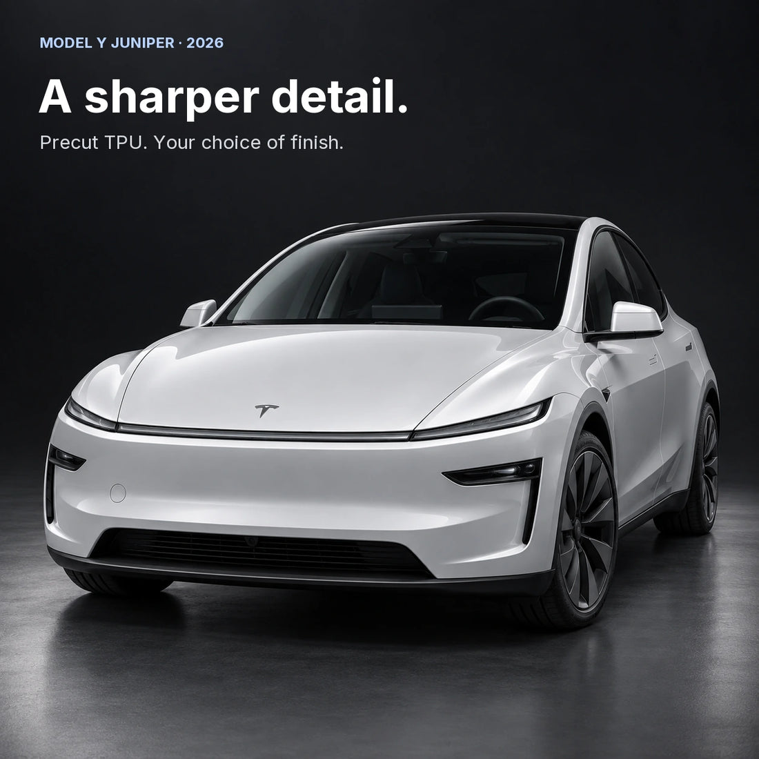 Smoked TPU front and rear light film set for 2026 Tesla Model Y Juniper, laid out on white; rear trim panel sold separately.