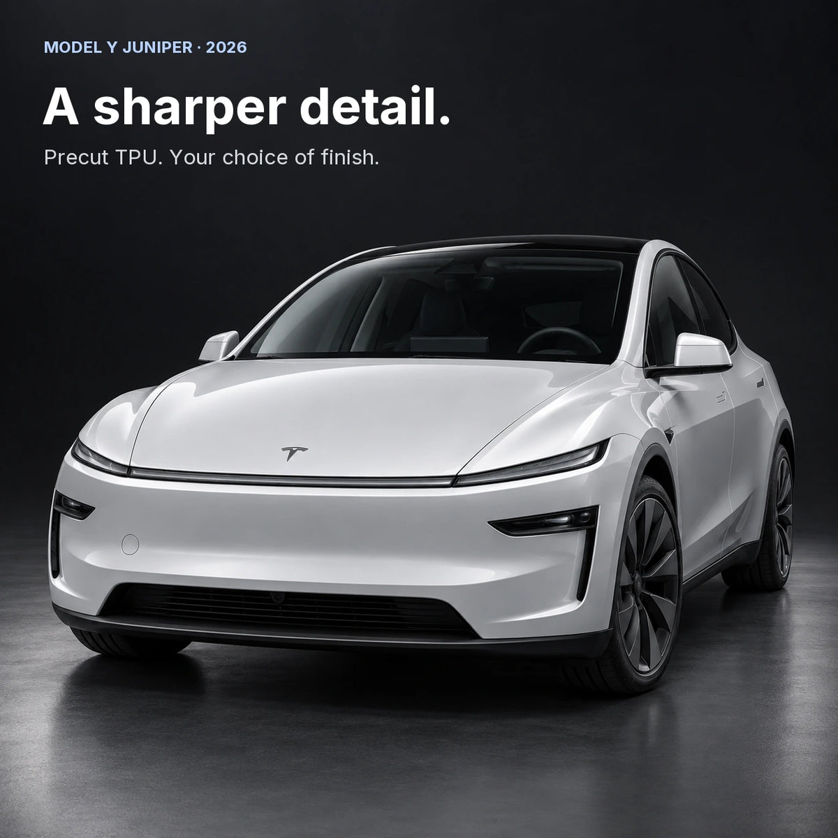 Illustrated silver Tesla Model Y Juniper with its front light bar and lower headlights; precut TPU light-film styling context.