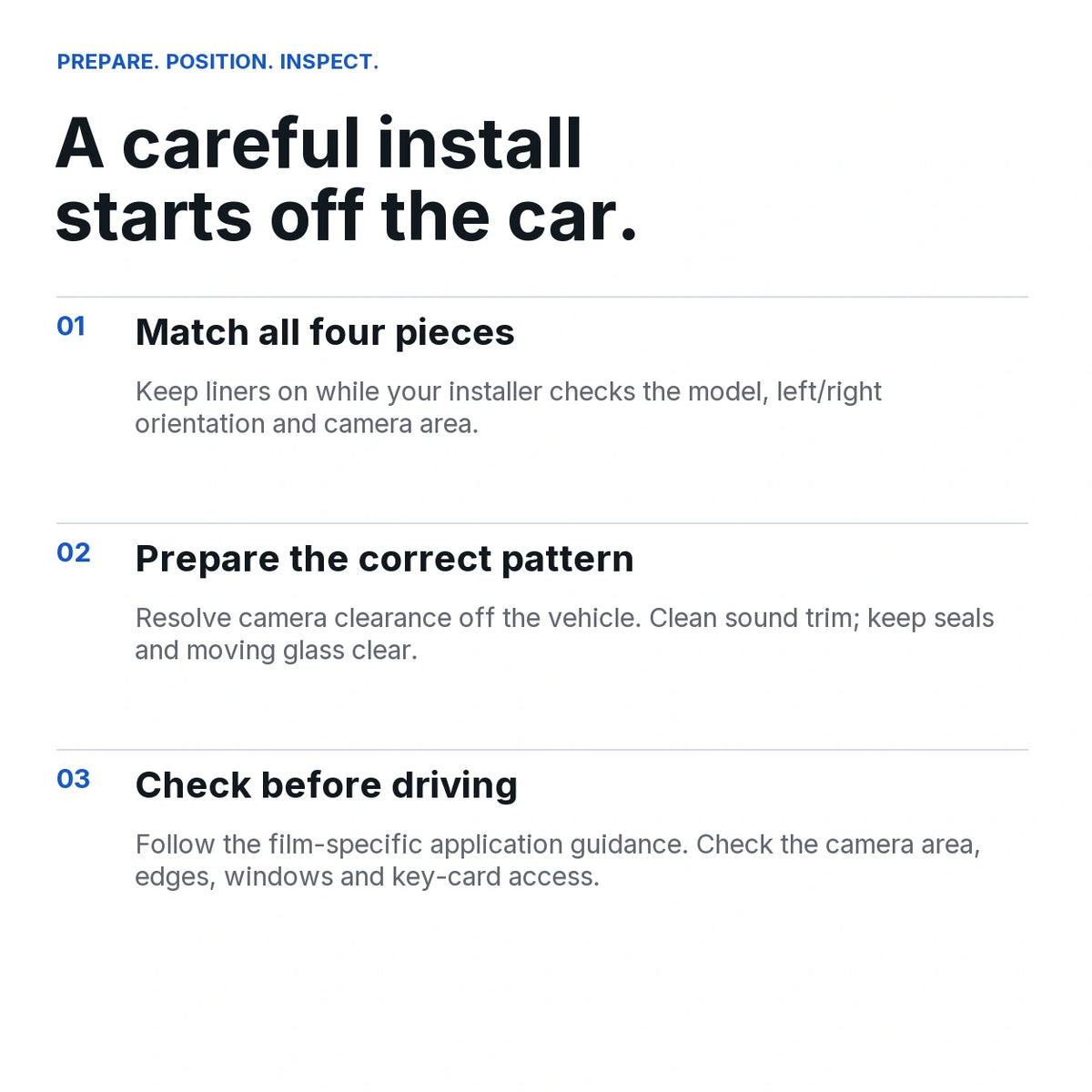 Three-step professional installation guide: match films, resolve camera clearance off vehicle, and inspect trim and functions.