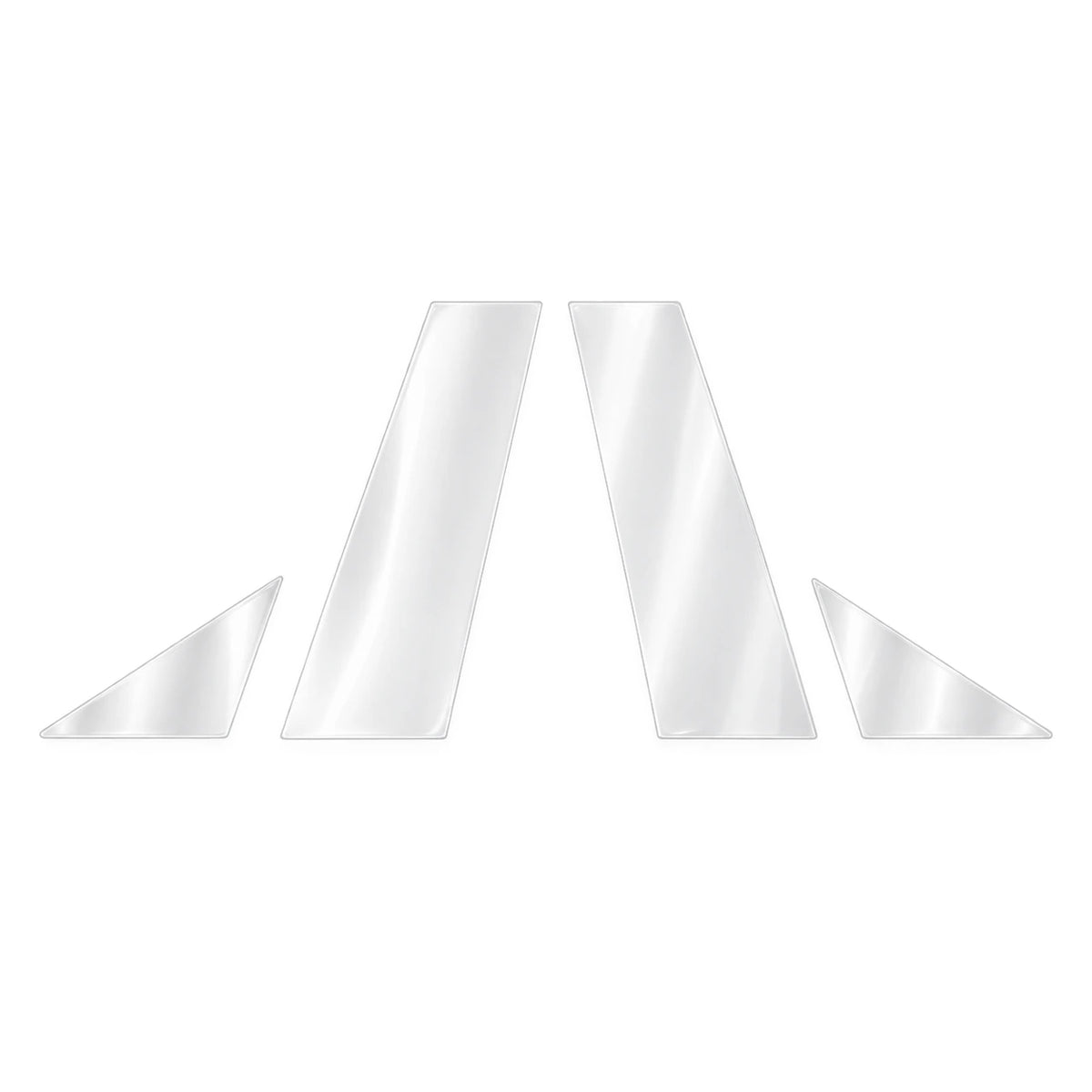 Four clear TPU film pieces: two mirrored B-pillar panels and two mirrored front mirror-triangle panels, on white.