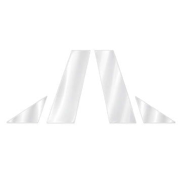 Four clear TPU film pieces: two mirrored B-pillar panels and two mirrored front mirror-triangle panels, on white.