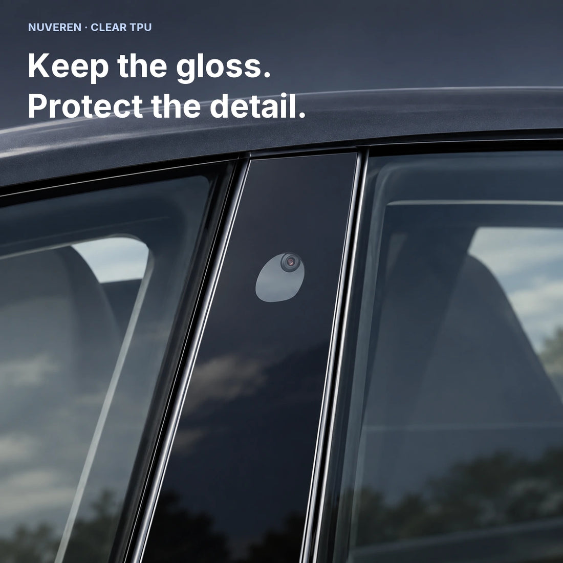 Four clear TPU film pieces: two mirrored B-pillar panels and two mirrored front mirror-triangle panels, on white.