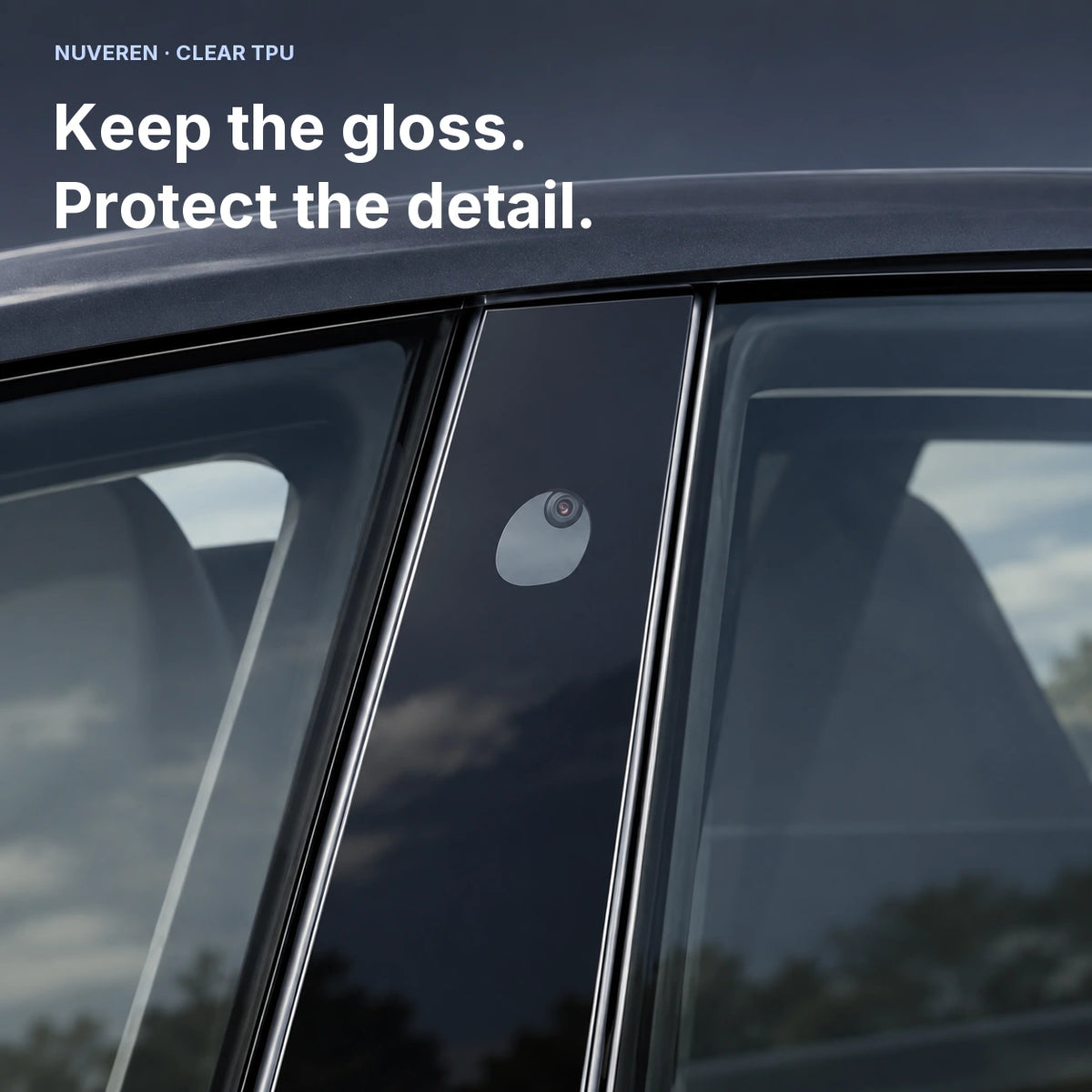 Illustrated factory glossy black B-pillar and camera window; vehicle context for clear pillar protection film.