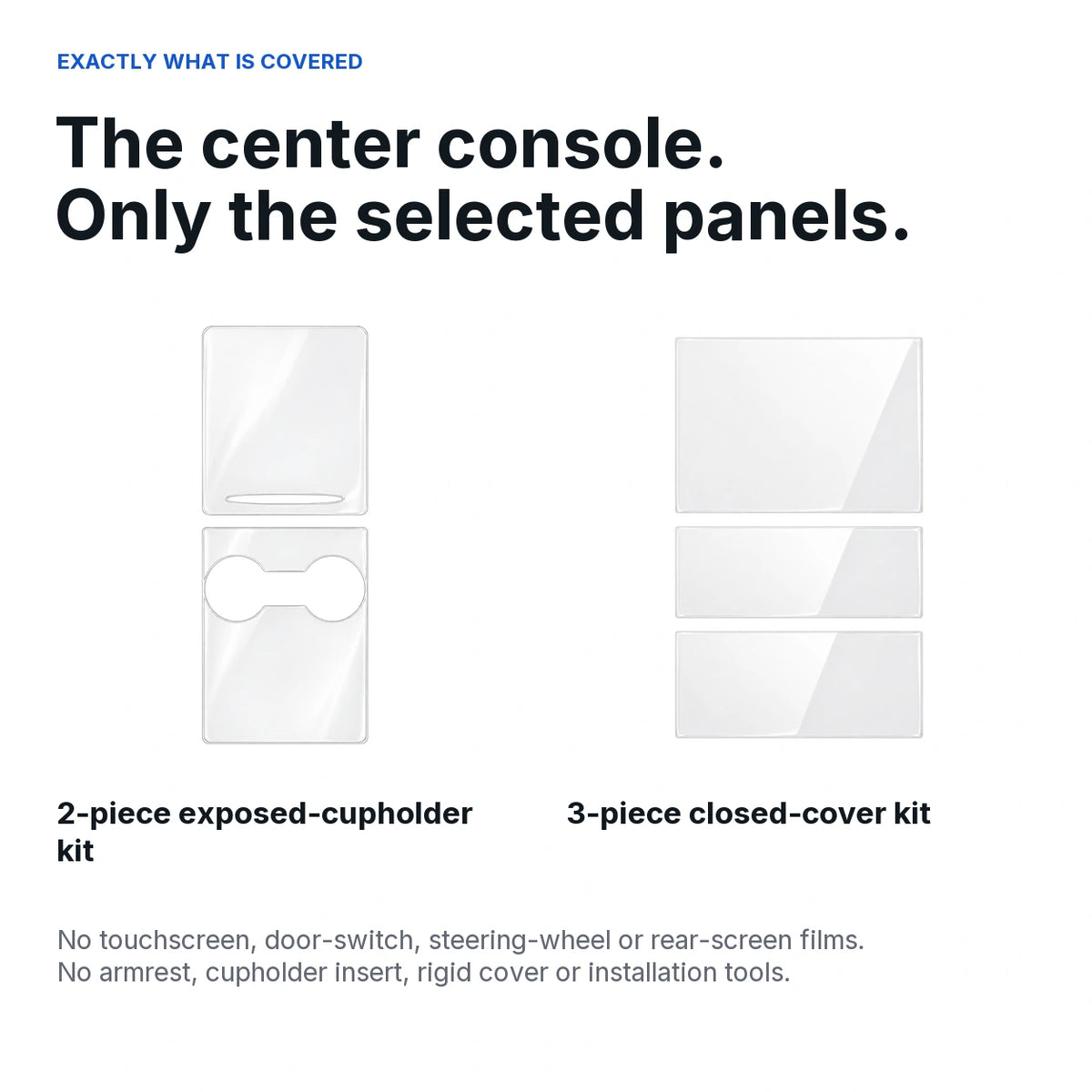Two-piece and three-piece center-console kit contents; excludes screens, door controls, armrest and cupholder inserts.