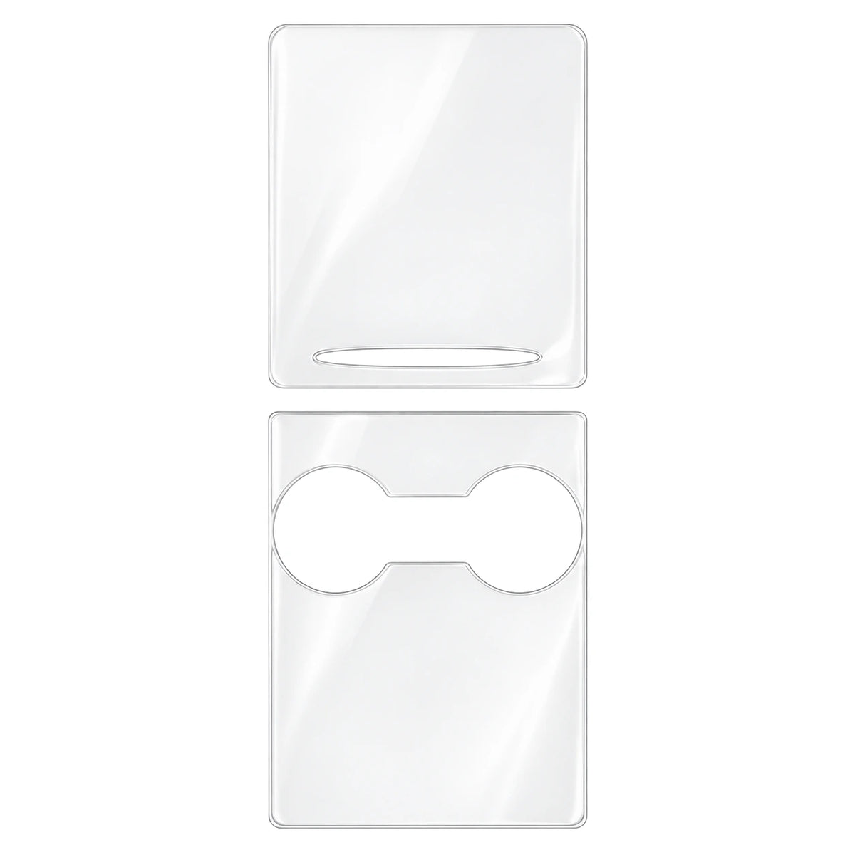 2021-style Model 3 and Model Y console two-piece exposed-cupholder console set with handle slot and cupholder opening, clear gloss TPU films on white.