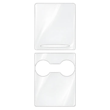2021-style Model 3 and Model Y console two-piece exposed-cupholder console set with handle slot and cupholder opening, clear gloss TPU films on white.