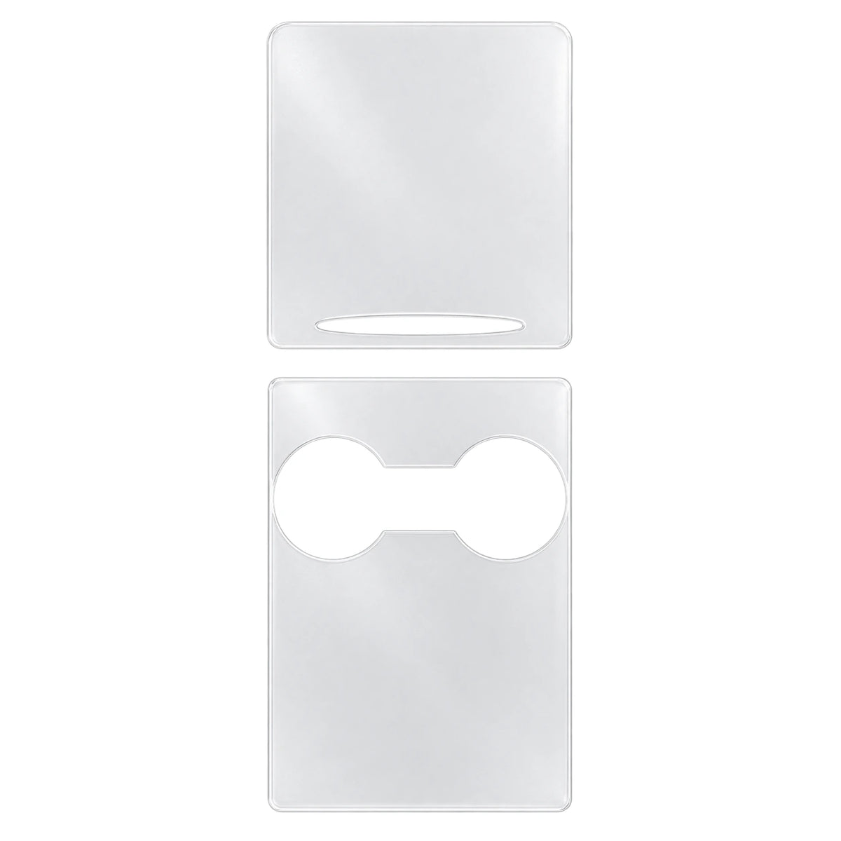 2021-style Model 3 and Model Y console two-piece exposed-cupholder console set with handle slot and cupholder opening, clear matte TPU films on white.
